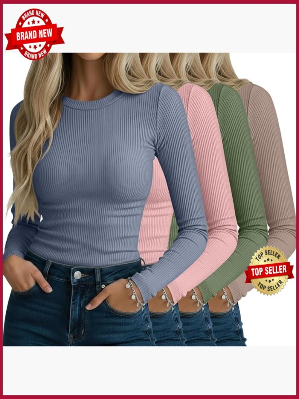 4-Pack Ribbed Long Sleeve Tops, Slim Fit Crew Neck Tees, Stretch Knit Base Layer